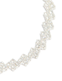 Crafted from silver plated cubic zirconia multi flower tennis bracelet with floral pattern close up view - link has visual effect only