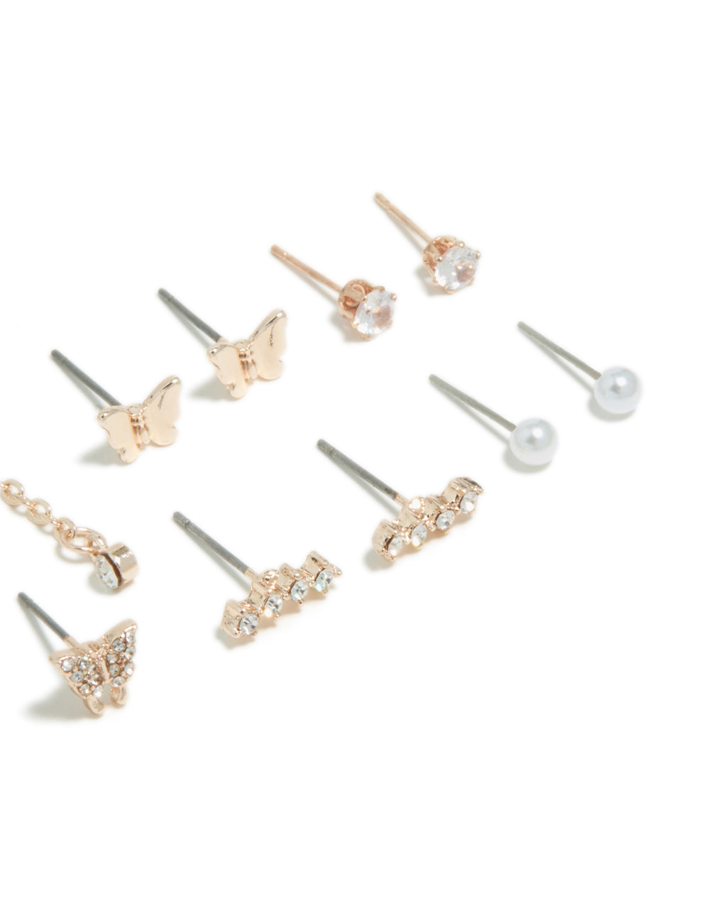 Beautifully crafted 8-pack rose gold stud earrings feature butterfly, chain, star, and pearl post detail view