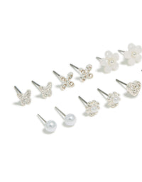 Silver Pearl Flower & Butterfly Earrings 8-Pack - link has visual effect only