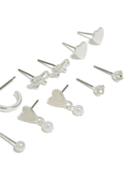 Silver Heart & Pearl Studs Earrings 7-Pack - link has visual effect only