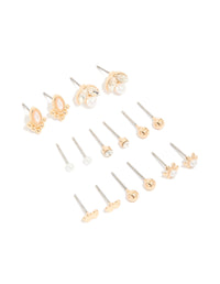 Gold Diamante & Pearl Stud Earrings 8-Pack - link has visual effect only