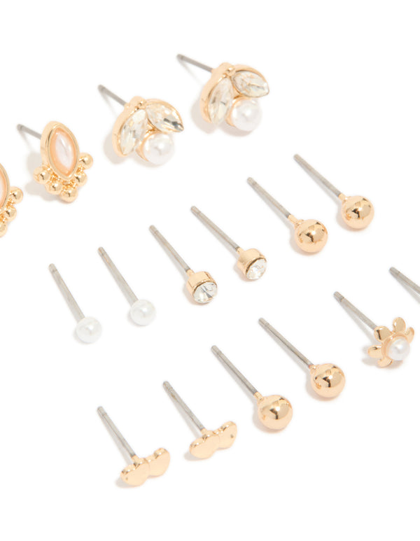 Gold Diamante & Pearl Stud Earrings 8-Pack