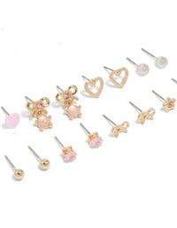 Gold Mixed Heart & Bow Diamante Earrings 8-Pack - link has visual effect only