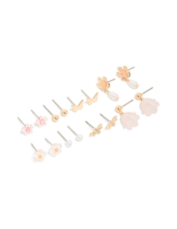 Gold Pearl  & Floral Stud Earrings 8-Pack