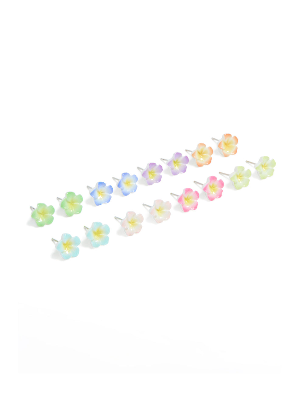 Featuring multicoloured acrylic frangipani stud earrings in an 8-pack with floral pattern featuring pink, yellow, lime green, and lavender front view
