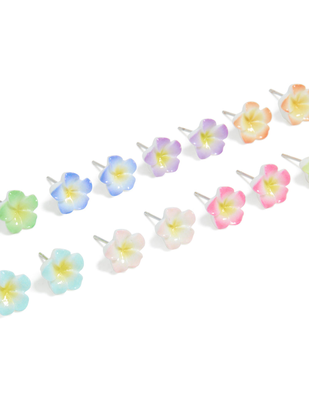 Crafted from acrylic, these multicoloured frangipani stud earrings in an 8-pack showcase floral pattern with pink, yellow, lime green, and lavender close up view