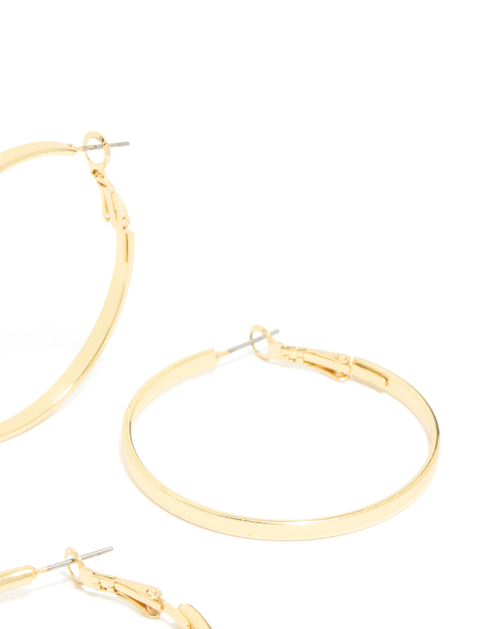 Designed with thick flat structure in a 2-pack, gold plated hoop earrings featuring chunky style post detail view