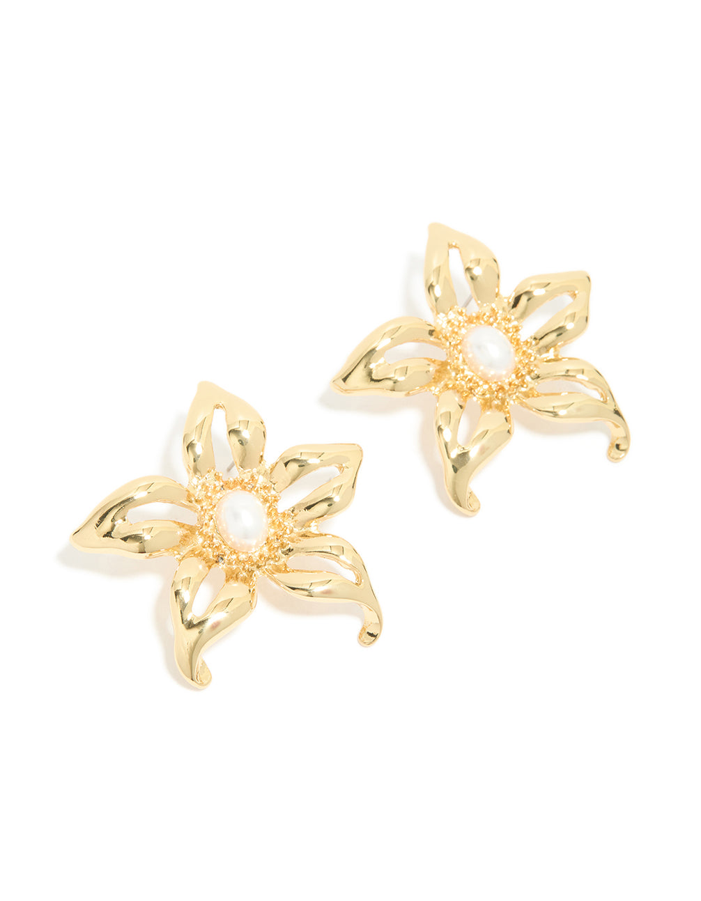 Beautifully crafted gold plated statement pearl flower earrings front view