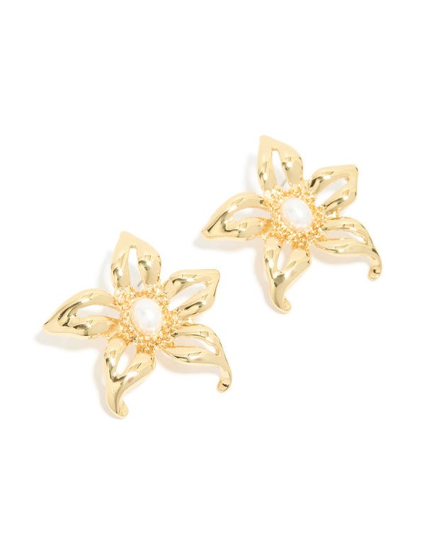 Gold Plated Statement Pearl Flower Earrings