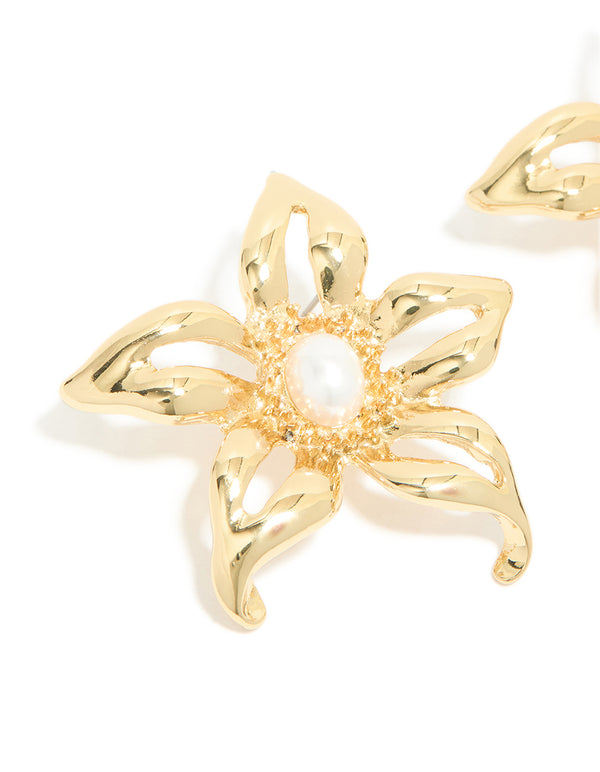 Gold Plated Statement Pearl Flower Earrings