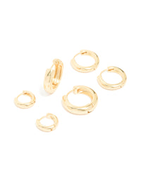 Elegant gold plated thick hoop earrings 3-pack front view - link has visual effect only