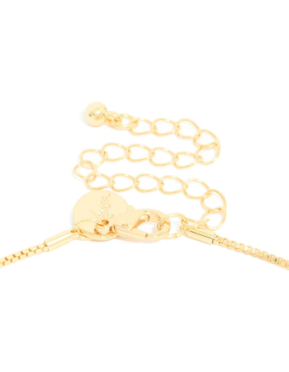 A gold plated small double organic charm necklace with pendant clasp detail view