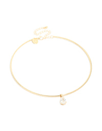This gold plated torque necklace design features cubic zirconia teardrop pendant in dainty statement style front view - link has visual effect only