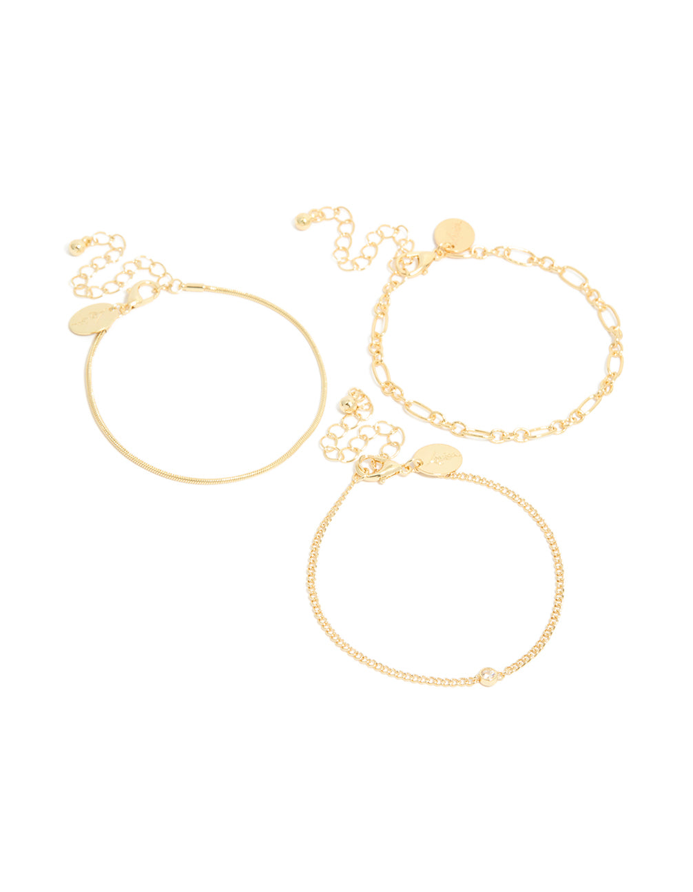 Crafted with gold plated cubic zirconia and chain bracelets in a 3-pack front view