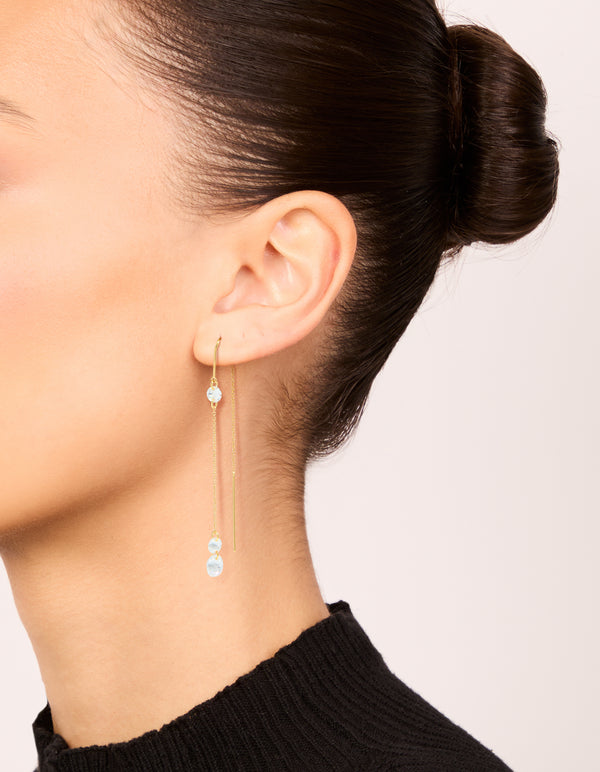 Showcasing gold plated cubic zirconia thread through earrings on ear view