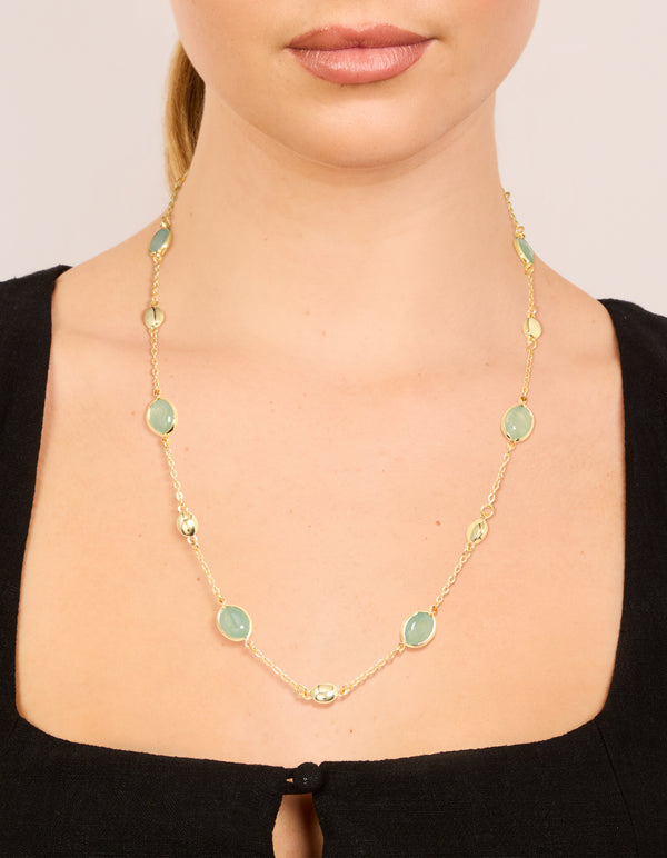 Gold Plated Green Oval Stone Necklace