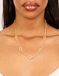 Showcasing a gold plated necklace with cubic zirconia flower charm on neck view - link has visual effect only
