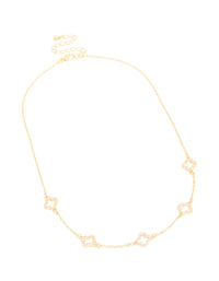 This gold plated necklace design features cubic zirconia flower charm front view - link has visual effect only