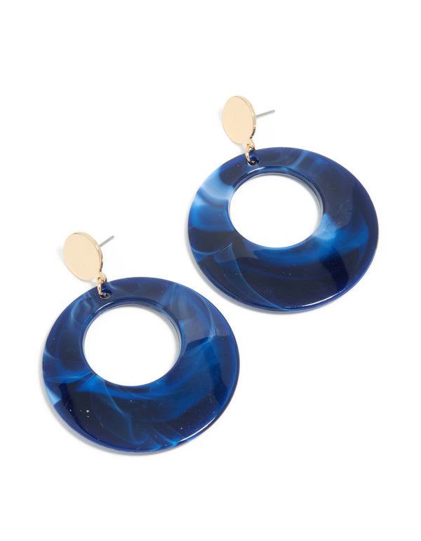 Gold Dark Blue Marble Circle Drop Earrings