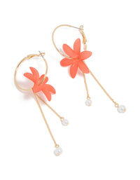 Gold Orange Flower & Pearl Chain Hoop Earrings - link has visual effect only