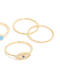 Gold Plated Cubic Zirconia & Evil Eye Rings 5-Pack - link has visual effect only