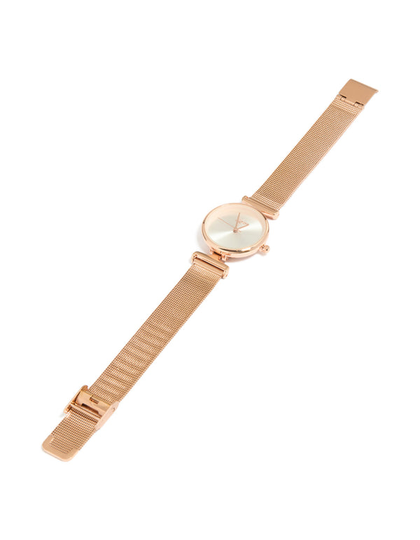 Elegant women's analog watch with white dial, round shape, casual styling, mesh strap in rose gold front view