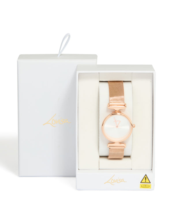 Shop this women's analog watch with white dial, round shape, casual styling, mesh strap in rose gold case detail view