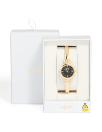 Discover this gold plated bangle watch with black dial featuring roman numerals in round shape for women designed with bangle and casual analog style case detail view - link has visual effect only
