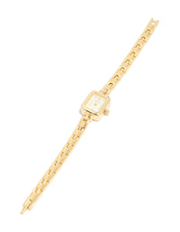 Beautifully crafted dainty gold Egyptian link mini watch with white dial, rectangle shape & number display, casual analog style, featuring a link band front view - link has visual effect only