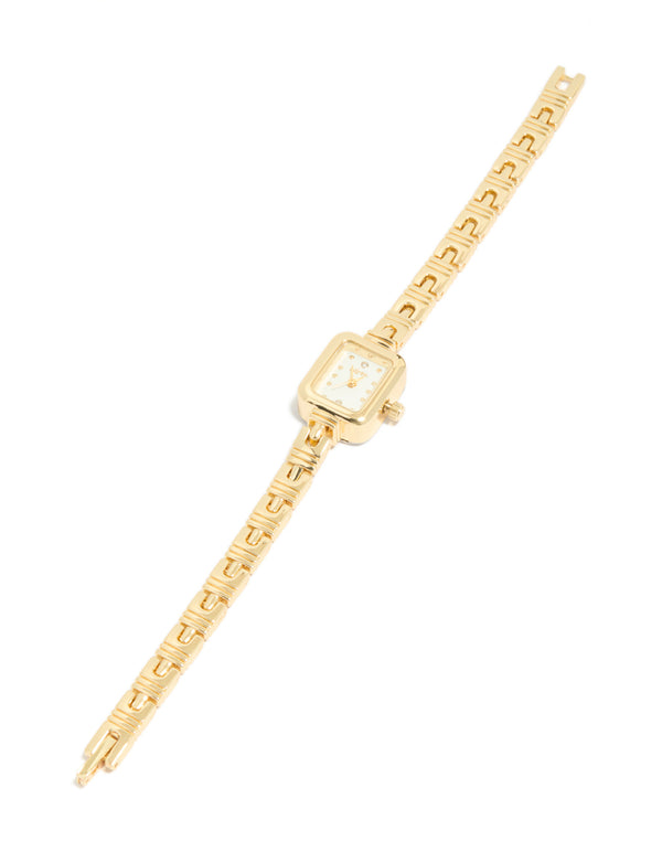 Beautifully crafted dainty gold Egyptian link mini watch with white dial, rectangle shape & number display, casual analog style, featuring a link band front view