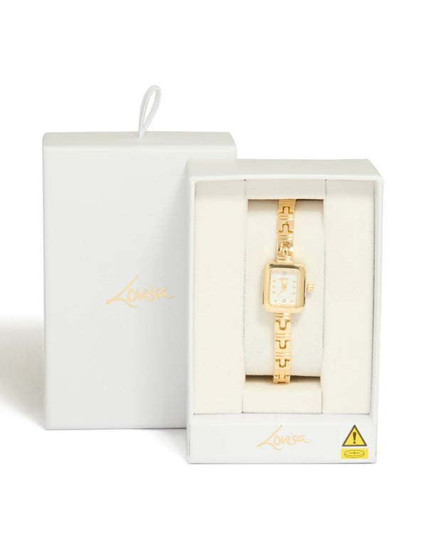 Presenting a dainty gold Egyptian link mini watch with white dial, rectangle shape & number display, casual analog style featuring a link band case detail view