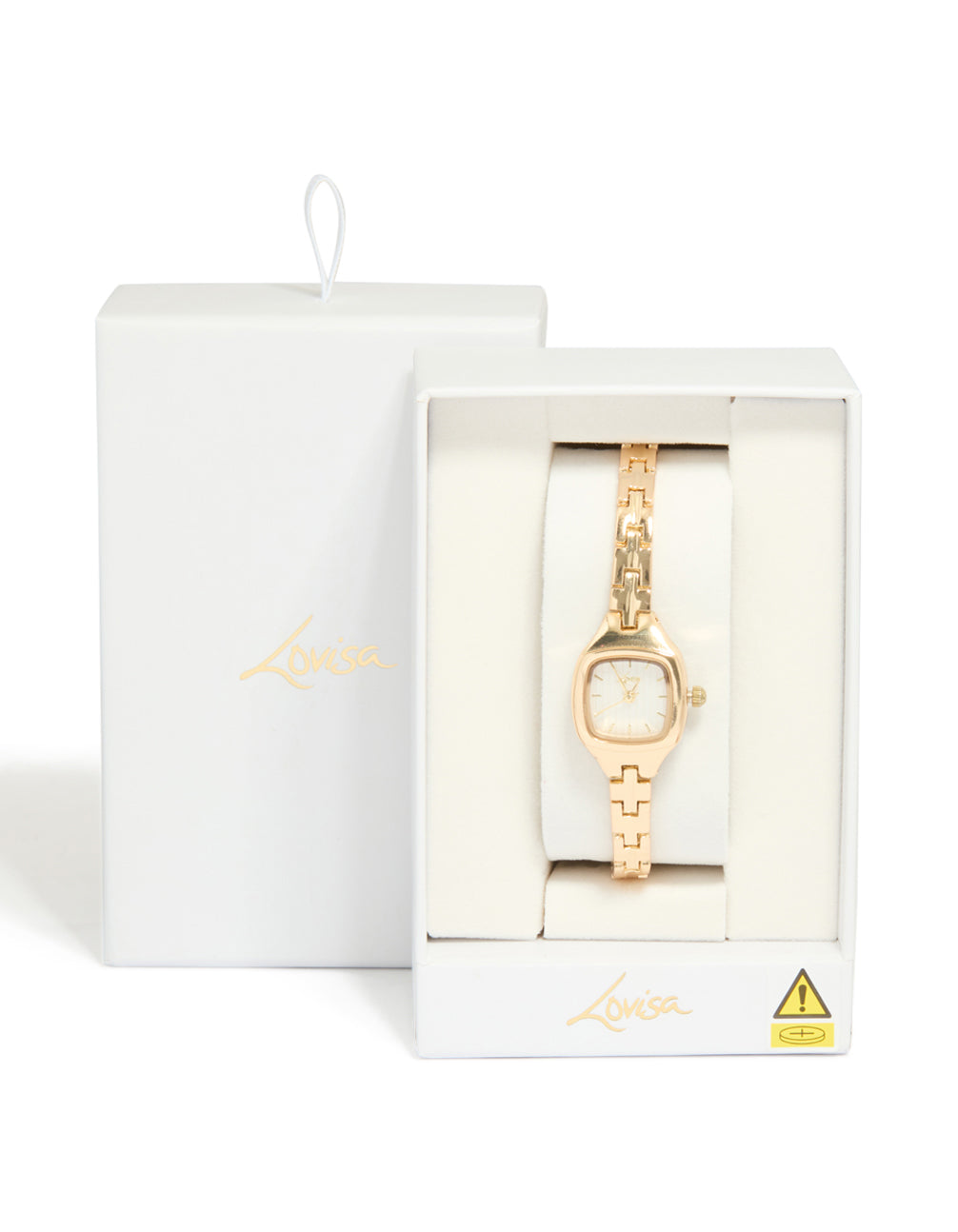 Presenting a gold vintage mini square watch featuring white dial and analog display for women designed for casual occasions with link band strap case detail view