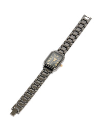 Showcasing a black coated metal rectangle roman numeral watch with gold numerals, analog display, link band, and formal styling front view - link has visual effect only