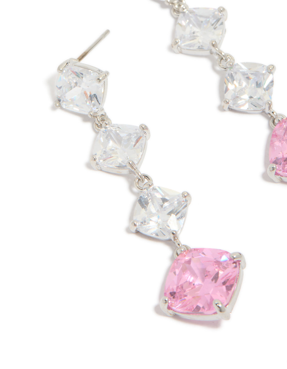 Featuring silver pink cubic zirconia rhombus drop earrings with detailed view of clear and gradient stone arrangement close up view
