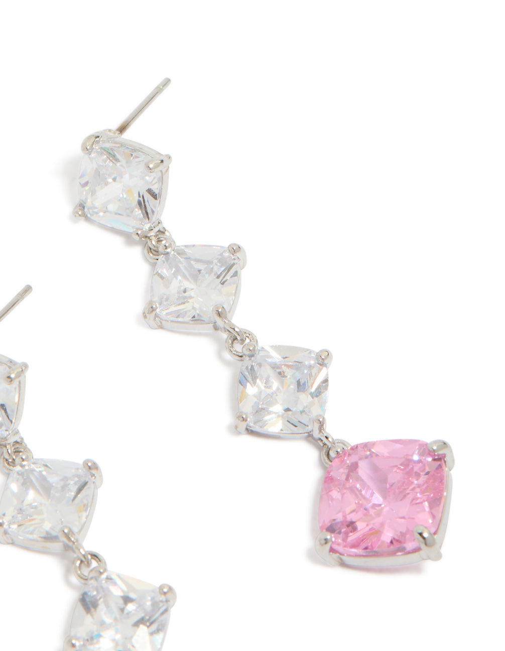 Highlighting silver pink cubic zirconia rhombus drop earrings with post stud and stone clarity post detail view