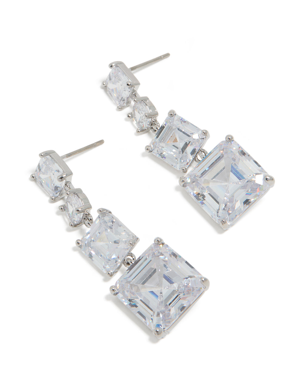Featuring silver cubic zirconia square drop earrings in a front view