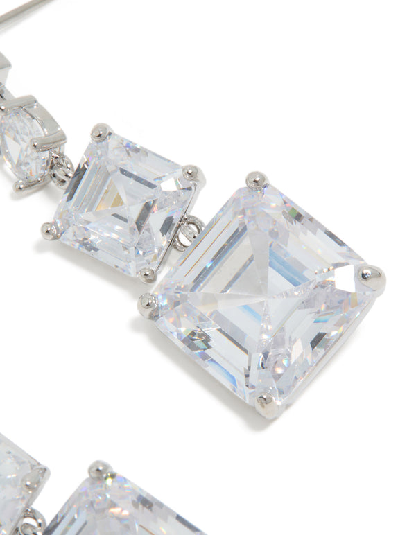 Presenting silver cubic zirconia square drop earrings in close up view
