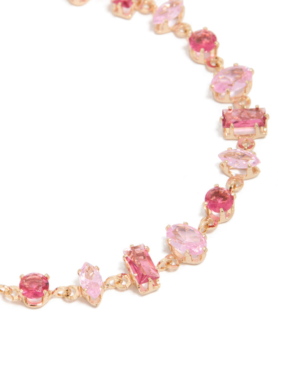 Gold Light & Hot Pink Cubic Zirconia Dainty Bracelet