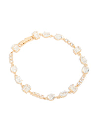 Elegant gold rectangle and circle cubic zirconia tennis bracelet front view - link has visual effect only
