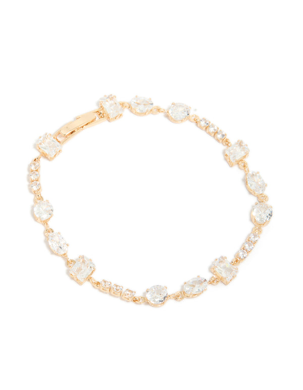 Elegant gold rectangle and circle cubic zirconia tennis bracelet front view