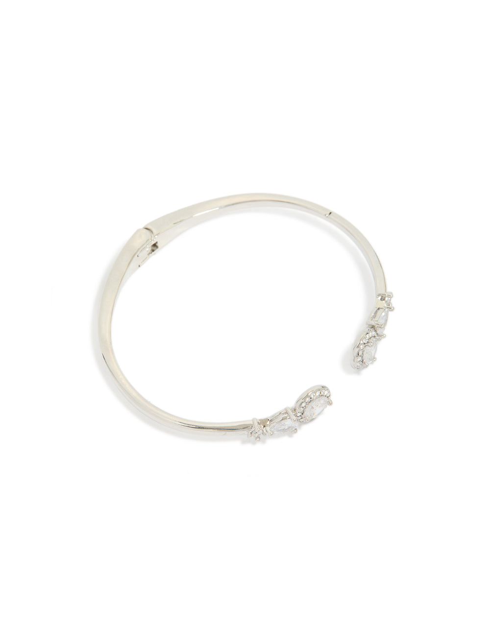 Showcasing a silver cubic zirconia circle hinged bangle front view