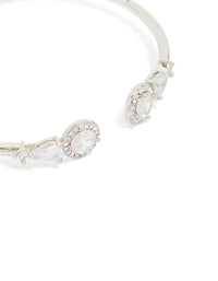Elegantly crafted silver cubic zirconia circle hinged bangle with embellishment details, close up view - link has visual effect only