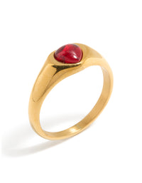 Stunning waterproof gold plated stainless steel petite heart ring featuring crimson gemstone close up view - link has visual effect only