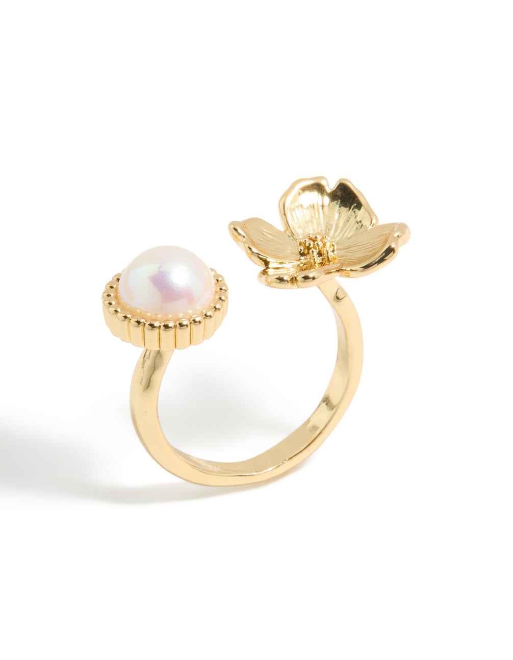 Elegantly crafted gold plated ring with pearl and floral in statement style front view