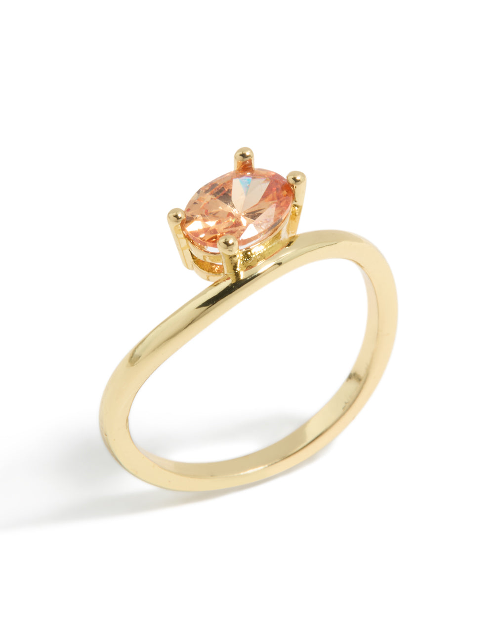 Elegant gold plated peach cubic zirconia ring featuring solitaire cut stone front view