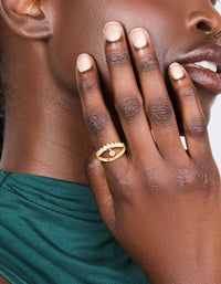 Showcasing a gold plated cubic zirconia split charm ring on finger view - link has visual effect only