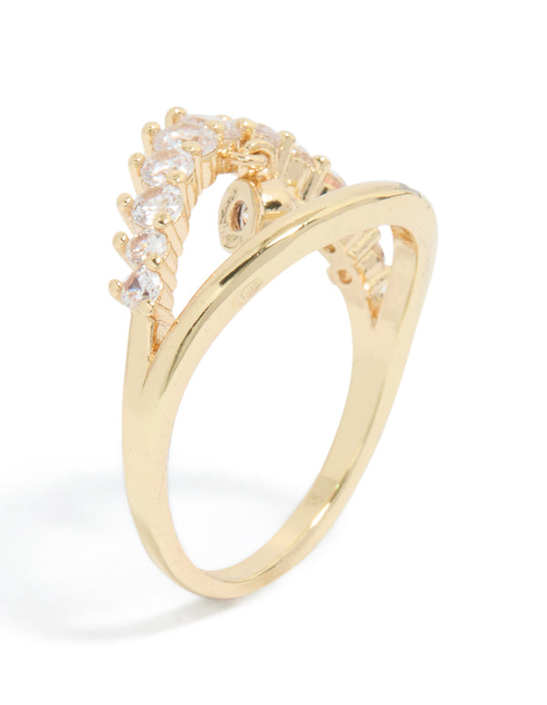 Stylish gold plated cubic zirconia split charm ring close up view