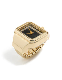 Crafted with gold modern square watch ring design featuring black and silver details side detail view - link has visual effect only