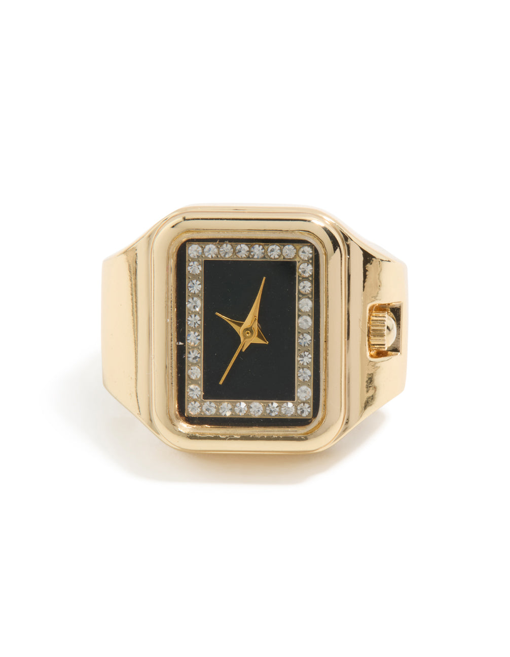 Showcasing a gold modern square watch ring with black face and silver accents front view