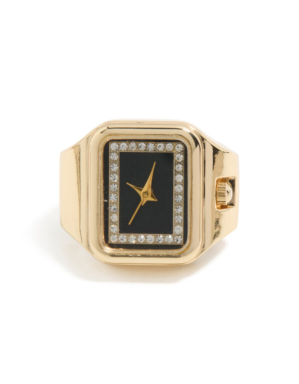 Showcasing a gold modern square watch ring with black face and silver accents front view